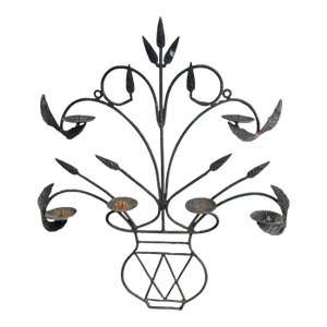 Vintage Wrought Iron Hanging Potted Floral Pricket Candelabra Wall Sconce