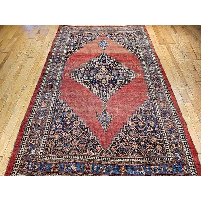 Persian 19th Century Persian Bidjar Rug, Hand-Knotted Wool, Geometric Pattern, Red & French Blue, 8x12 For Sale - Image 3 of 11