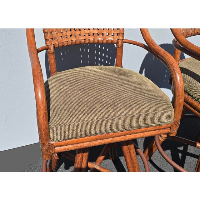 Brown Pair of Vintage McGuire Bamboo Woven Leather Swivel Bar Stools Barstool For Sale - Image 8 of 15