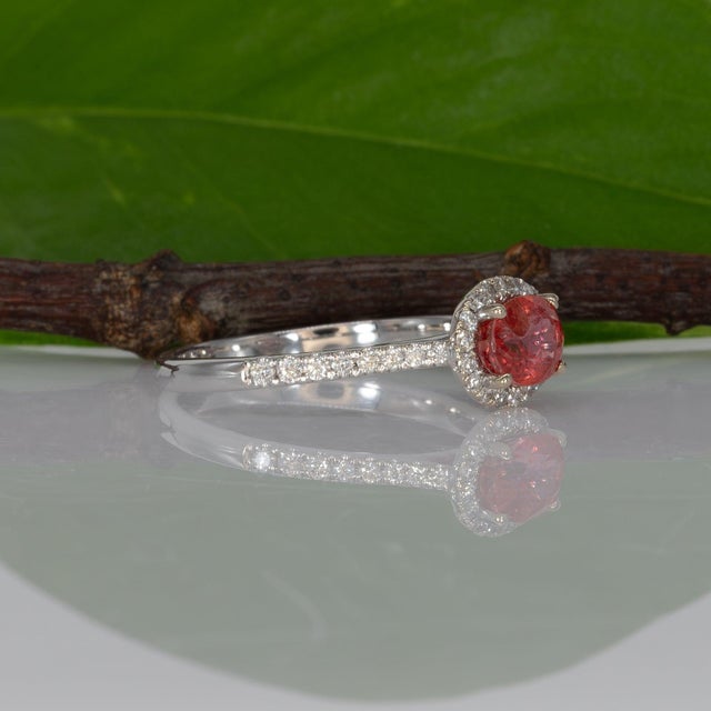 Pink Padparadscha Sapphire Ring With Diamond Halo: Solid 14k Gold, Size 6.75 For Sale - Image 8 of 10