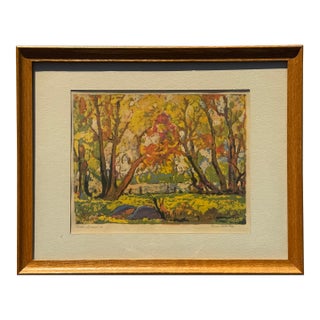 Mid-Century "Indian Summer" Color Woodblock Print, Signed & Numbered, Framed For Sale