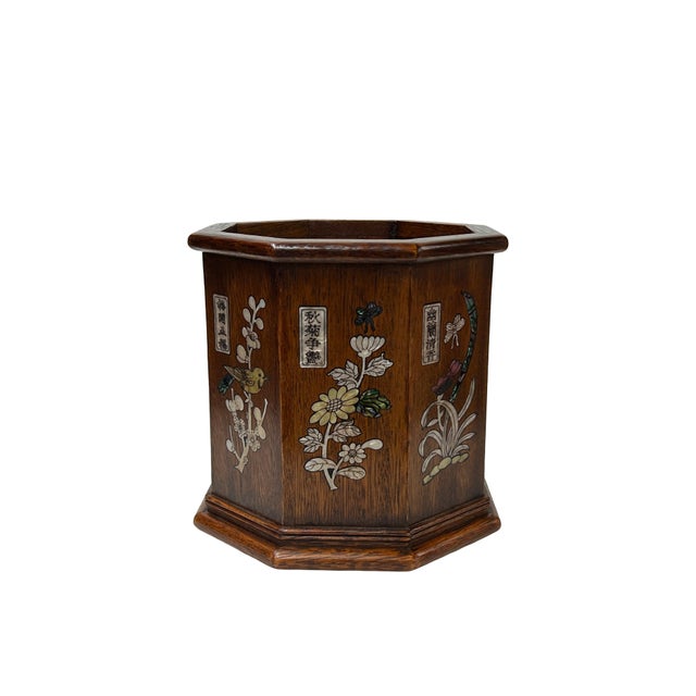 Chinese Chinese Brown Natural Patina Mother of Pearl Brush Pen Holder Art For Sale - Image 3 of 11