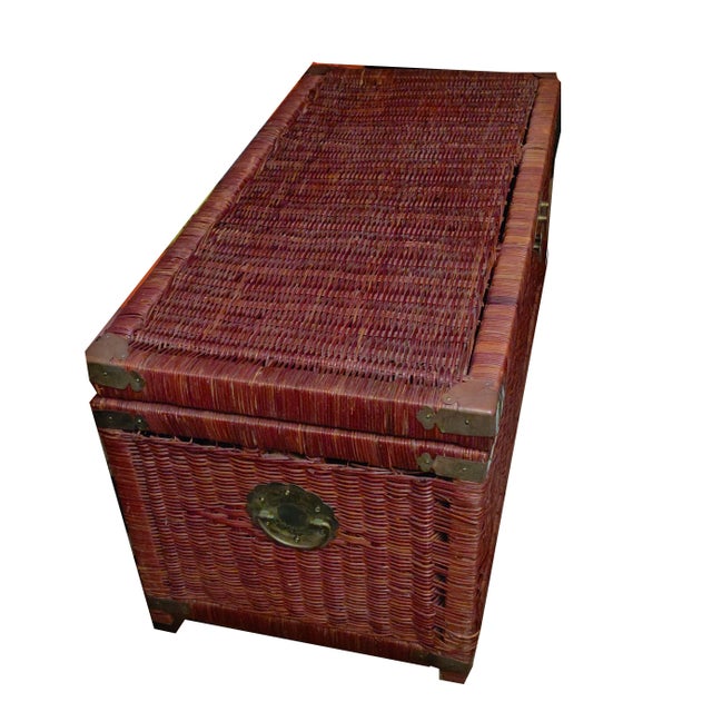 Late 20th Century Ruddy Wicker Brass Campaign Trunk & Blanket Chest For Sale In Palm Springs - Image 6 of 9