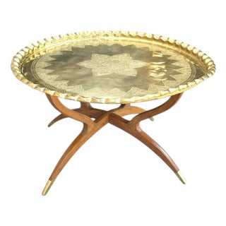 Mid 20th Century Moroccan Hammered Brass & Teak "Spider Leg" Tray Table For Sale