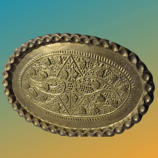 Metal 1940s Old World Oval Tray Large 24 Inch Embossed Floral Platter Authentic Well Preserved. For Sale - Image 7 of 17