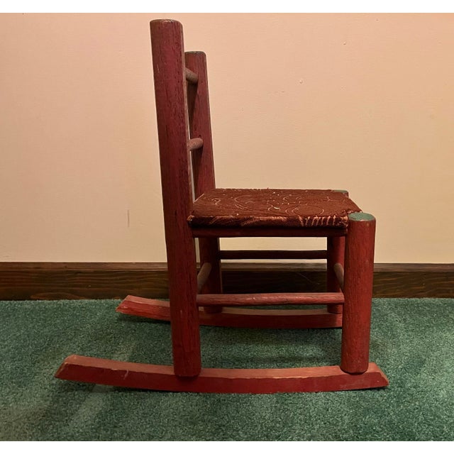 Vintage or Antique (Unknown Age) Toddler Rocking Chair With Fabric Covered Seat For Sale - Image 4 of 9