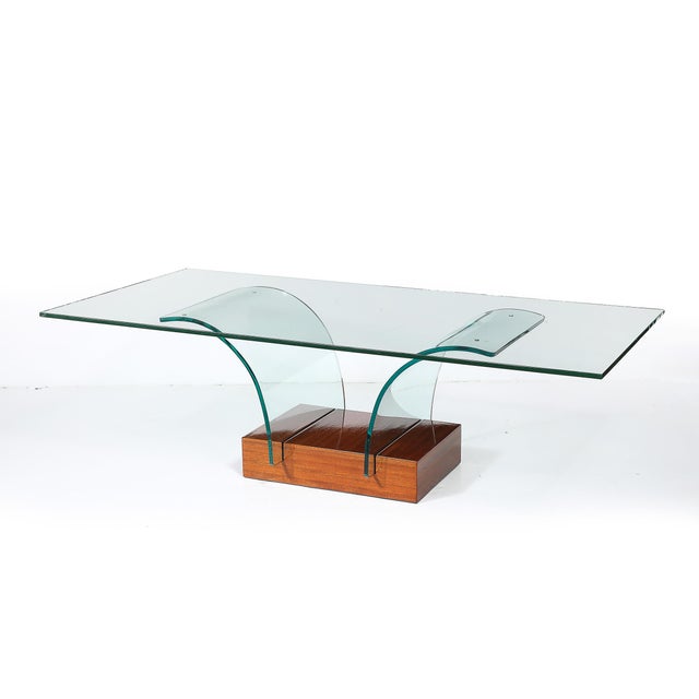 Wood Mid-Century Modernage Curved Glass Cocktail Table W/ Rectilinear Walnut Base For Sale - Image 7 of 14