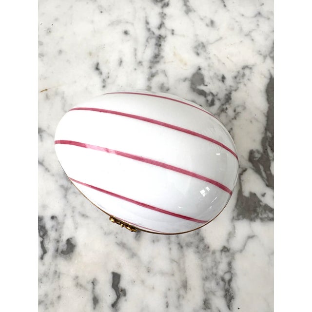 Limoges, France 1960s Limoges France Handpainted Pink and White Striped Porcelain Egg Box With Brass Closure - Stamped For Sale - Image 4 of 6