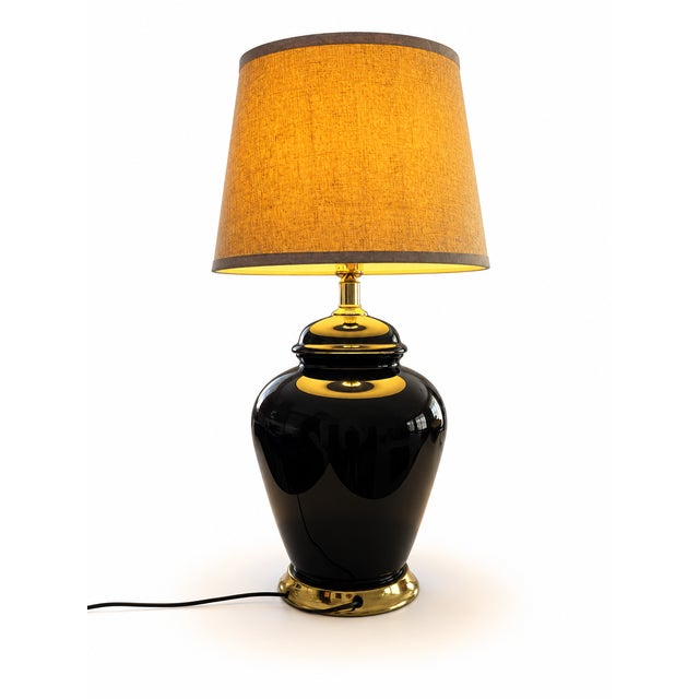 Vintage 1980s Black Chinoiserie Ceramic Ginger Jar Table Lamp With Linen Shade For Sale - Image 4 of 6