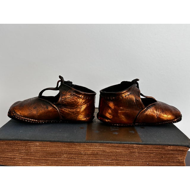 Vintage Pair Mid Century Modern Copper Plated Baby Shoes Nursery Decor For Sale - Image 4 of 14