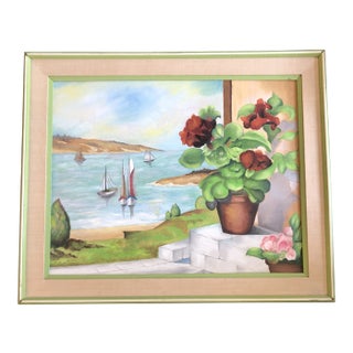 Original Vintage Still Life Painting With View of Sailboats Vintage Frame For Sale