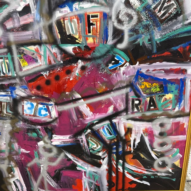 Vintage Abstract Graffiti Style Street Life Abstract Painting by Listed Artist Cecilia Mayr “Sneakers & Makeup" Framed For Sale - Image 10 of 12