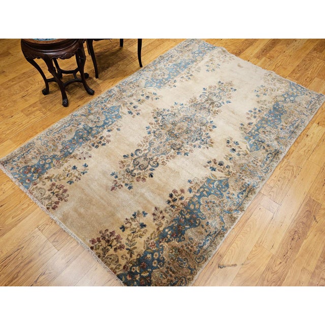 Persian Vintage Persian Kerman Rug, Hand-Knotted Wool, Floral Pattern, Ivory & Blue, 5x7 For Sale - Image 3 of 15