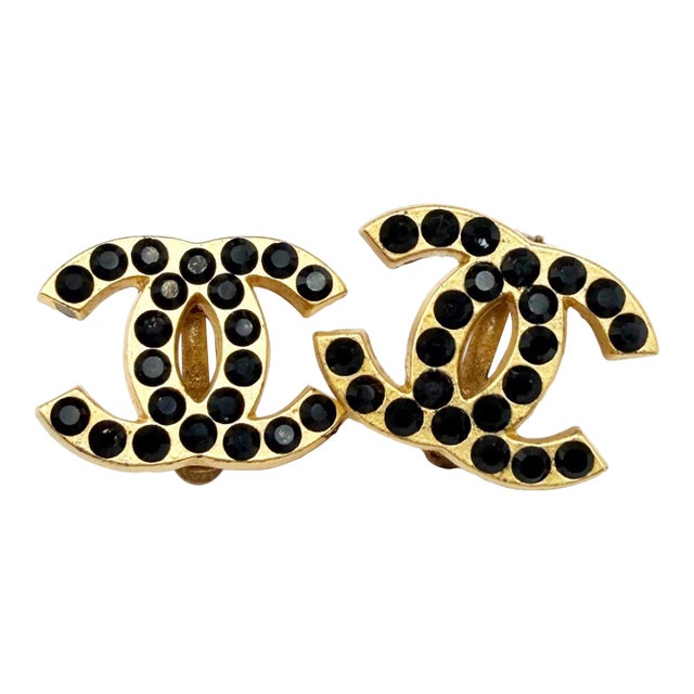 Chanel Vintage Gold Plated CC Black Crystal Clip on Earrings, A Pair For Sale