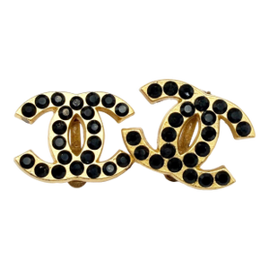 Chanel Vintage Gold Plated CC Black Crystal Clip on Earrings, A Pair