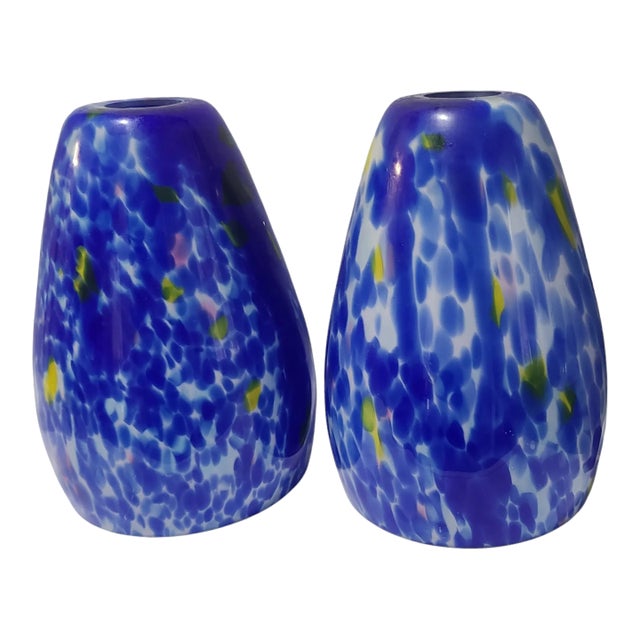 Pair of Vintage Venetian Art Splatter Cased Glass Blue Pendant Shades For Sale