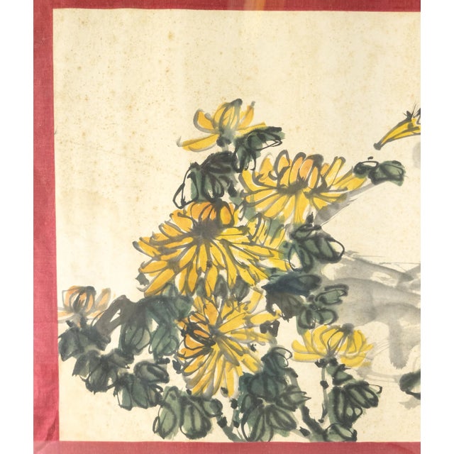 Chinoiserie Early 20th Century Chinese Watercolor Scroll Painting With Chrysanthemums For Sale - Image 3 of 10