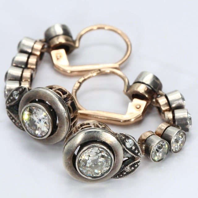 Traditional 19th Century Karl Faberge 6 Stone Bezel Set Dia Drop Earrings, A Pair For Sale - Image 3 of 4