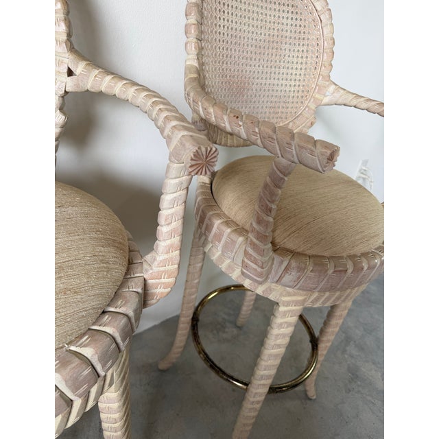 Vintage Carved Wood & Cane Swivel Bar Stools – A Pair For Sale - Image 9 of 12