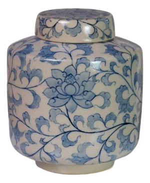Hand-Painted Lotus & Vine Lidded Jar With Crackle Glaze Ceramic by Pottery 12, Hanoi Studio Art Ceramic