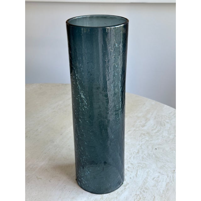 Blue Tall Crackle Glass Hurricane Candle Holders Slate Blue - Pair For Sale - Image 8 of 8