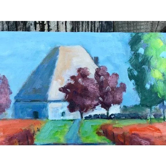 French Country Original Oil Painting Landscape Winery Vineyards Fall Colors For Sale - Image 3 of 11