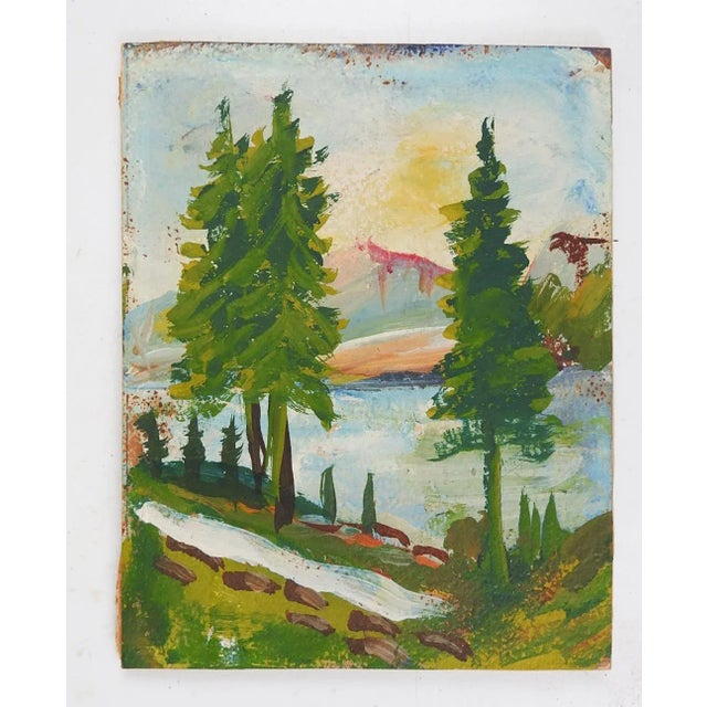 Rustic European Early 20th Century Tiny Mountain Lake Landscape Painting For Sale - Image 3 of 3