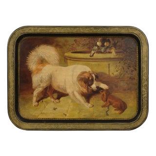 English 19th Century Painted Tôle Tray Depicting Playful Dogs and Turtle Doves For Sale