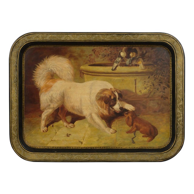 English 19th Century Painted Tôle Tray Depicting Playful Dogs and Turtle Doves For Sale