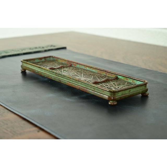 Early 20th Century Tiffany Studios New York Pine Needle Bronze and Favrile Slag Glass Pen Tray For Sale - Image 5 of 12