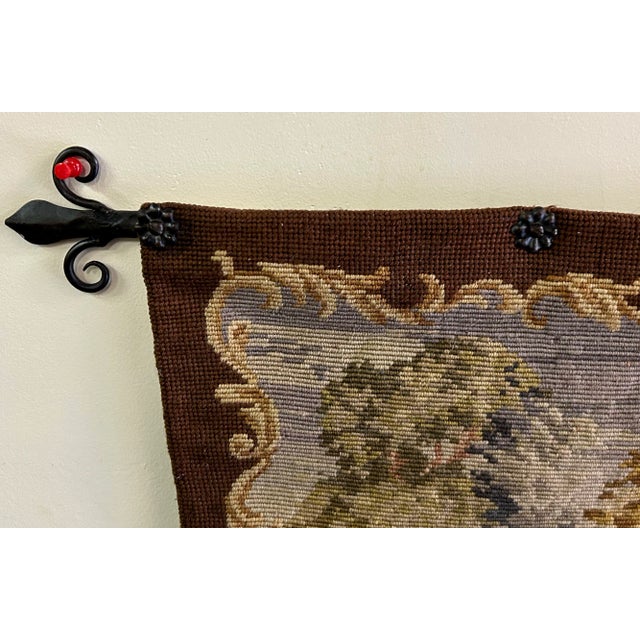 Antique Tudor Style Petite Needlepoint Tapestry W/Wrought Iron Rod For Sale - Image 11 of 12