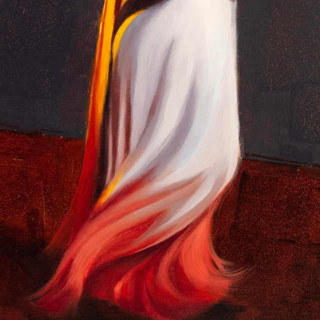 Liquid Sunset I by Kirsten Savage | Oil on panel Depiction of a woman in a flowing white and orange dress. For Sale - Image 4 of 5