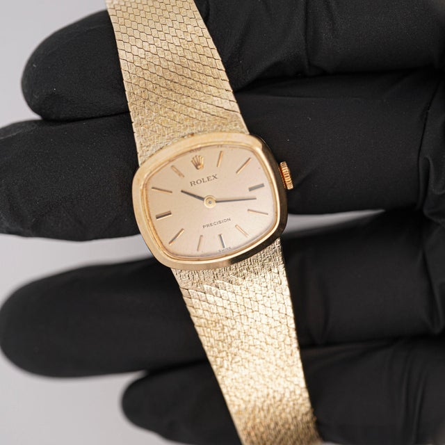 Metal Vintage Rolex Precision 22m 18k Gold Champagne Dial Manual Wind Watch For Sale - Image 7 of 11