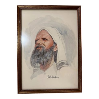Vintage Original Sol Schreibman Jewish Rabbi Man Watercolor Painting Portrait For Sale