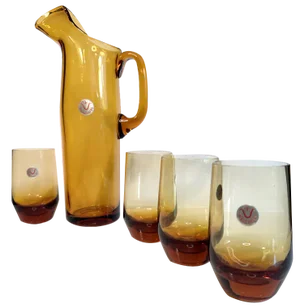 Amber Glass Carafe by Wilhelm Braun-Feldweg for Kristallglaswerke Hirschberg, 1950s, Set of 5