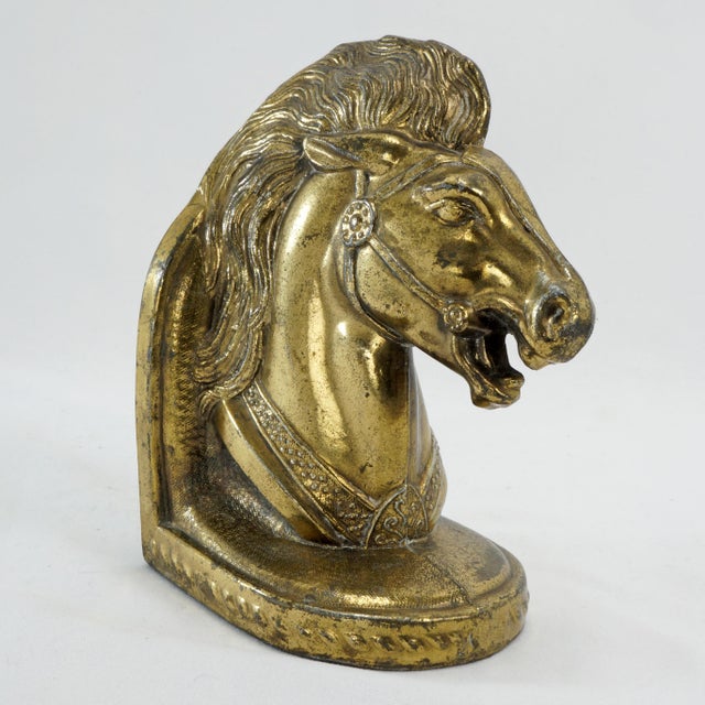 Metal Pair of Mid Century Goldtone Stallion Horsehead Bookends BMPro For Sale - Image 7 of 10
