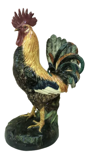 19th Century Large Majolica Rooster With Bamboo Vase Delphin Massier