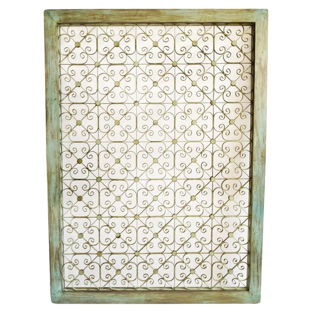 Vintage Large Green Wood Framed Iron Rosette Screen For Sale In Los Angeles - Image 6 of 6
