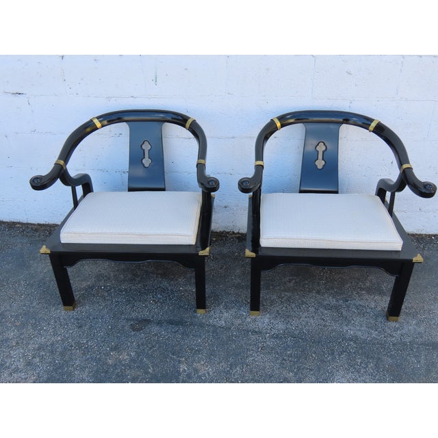 Hollywood Regency Ming Style Painted Black Lounge Side Chairs a Pair 6359 For Sale - Image 10 of 15