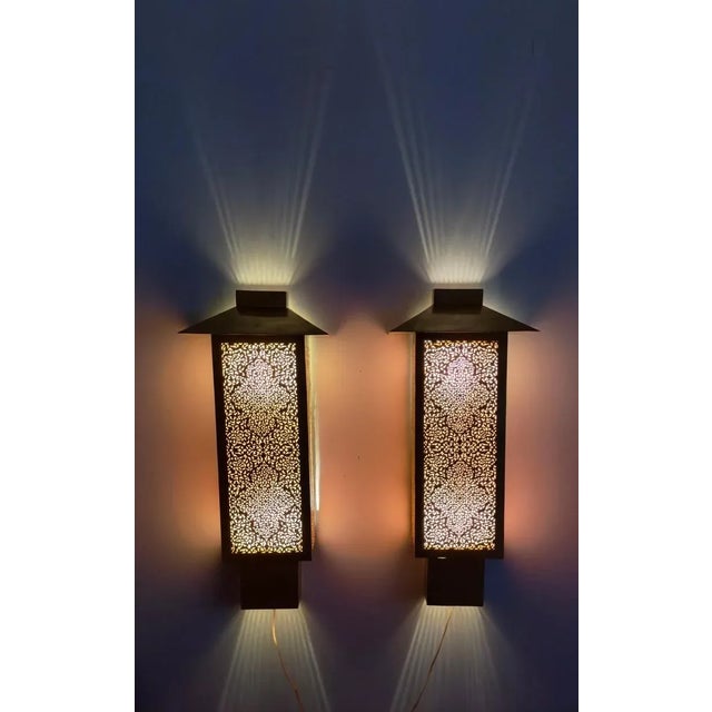 Art Deco Style Filigree Brass Wall Sconces or Lanterns, a Pair For Sale - Image 4 of 12