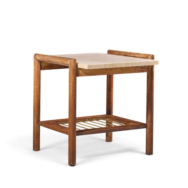 Dux Style Mid Century Travertine and Oak Side End Tables - Pair For Sale In Chicago - Image 6 of 11