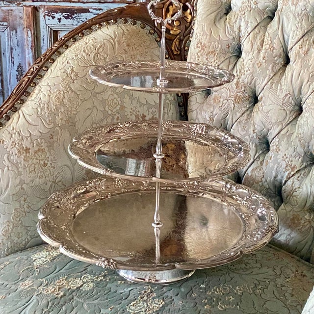 Metal Three Tier Silver Plate Tray Stand For Sale - Image 7 of 9