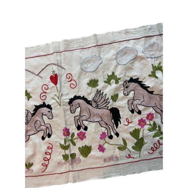 Mid-Century Modern Winged Horse Suzani Wall Hanging, Mountains For Sale - Image 3 of 5