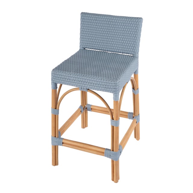Serienna 24.5 in. Seat Height Rectangular Rattan Low Back Counter Stool, Baby Blue/ Natural Rattan Frame For Sale - Image 9 of 9