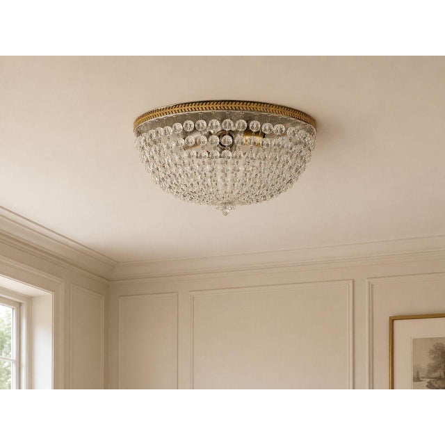 Neoclassical, Basket Flush Mount Ceiling Light, Brass, Crystal, France, 20th c. A brass and crystal flush-mount ceiling...