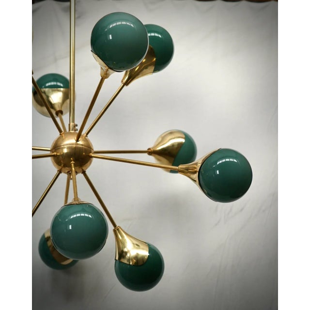 Mid-Century Spherical Green Glass and Brass Sputnik Chandelier, 2000s For Sale - Image 6 of 8
