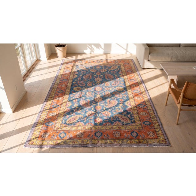 Textile Small Scatter Size Light Sky Blue Ground Color Rustic Tribal Geometric Herati Design Antique Indian Cotton Agra Rug For Sale - Image 7 of 8