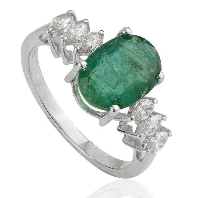 Mid-Century Modern Modern Mid Century Style 2.54 Ct Oval Emerald & Marquise Diamond Ring in 925 Silver Size 4 For Sale - Image 3 of 14