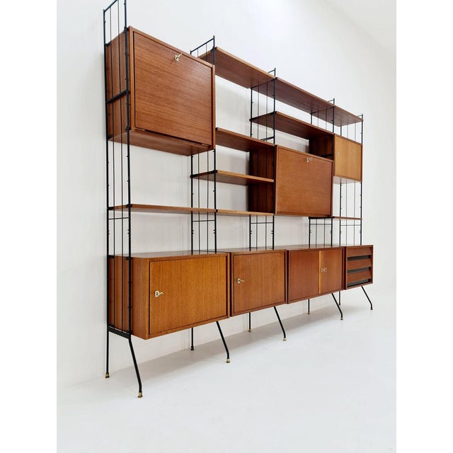 Brown Freestanding String Shelf-System Unit Bookcase in Teak and Metal by Silverschild, 1950s For Sale - Image 8 of 12