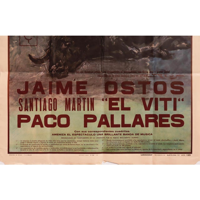 Spanish 1960s Spanish Bullfighter Poster - Plaza De Toros Monumental (Barcelona) For Sale - Image 3 of 7